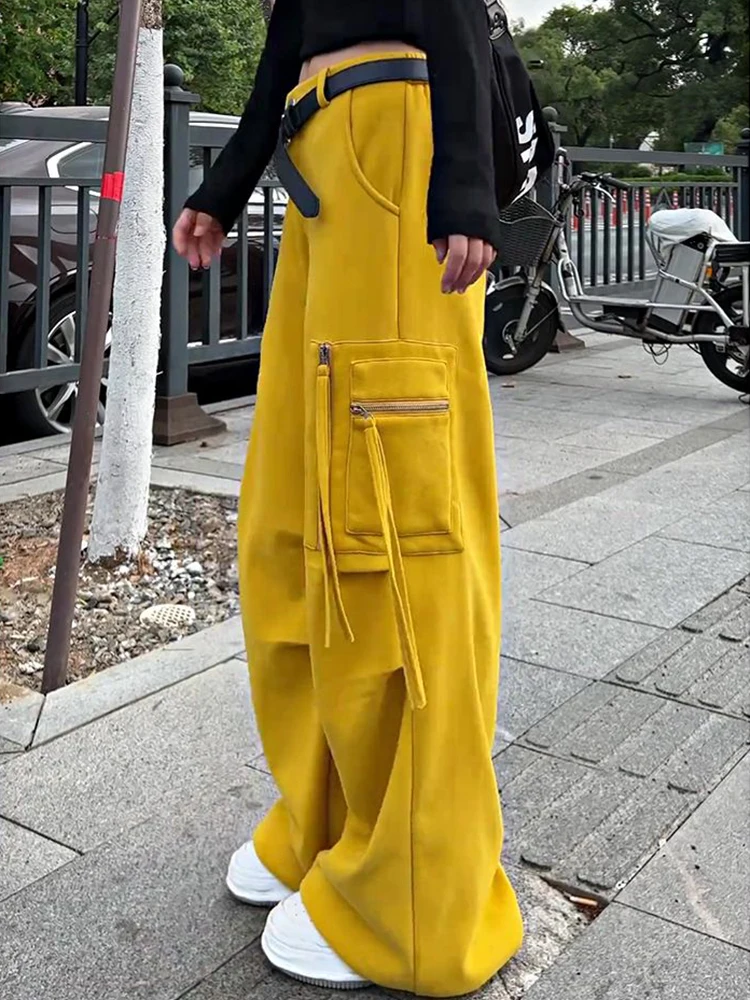 Femmes Streetwear Cargo pantalon ample décontracté poche fermeture éclair lanière jambe large pantalon américain Hip Hop jaune Hottie taille haute pantalon