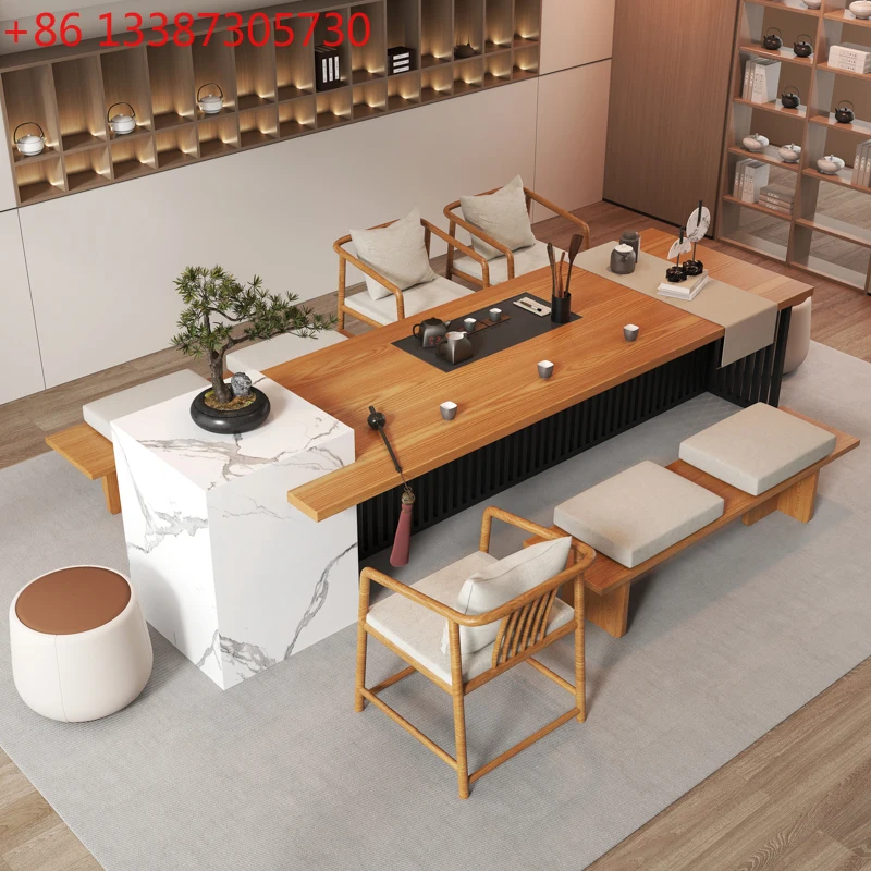 

Solid wood tea table island integrated simple modern home office tea table light luxury and high-end feeling