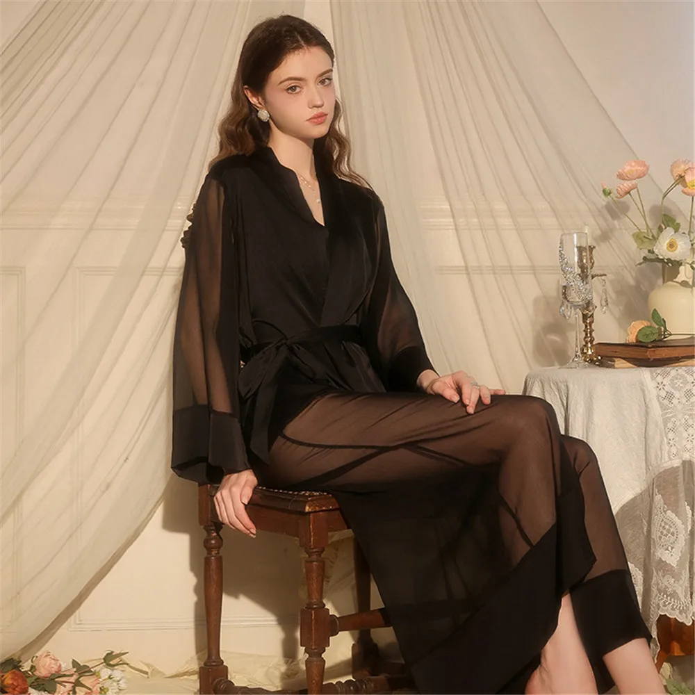 

Женский длинный халат, ночная рубашка, кимоно, халат, домашнее платье, шифоновое атласное лоскутное платье, одежда для сна, свободная одежда для дома, нижнее белье