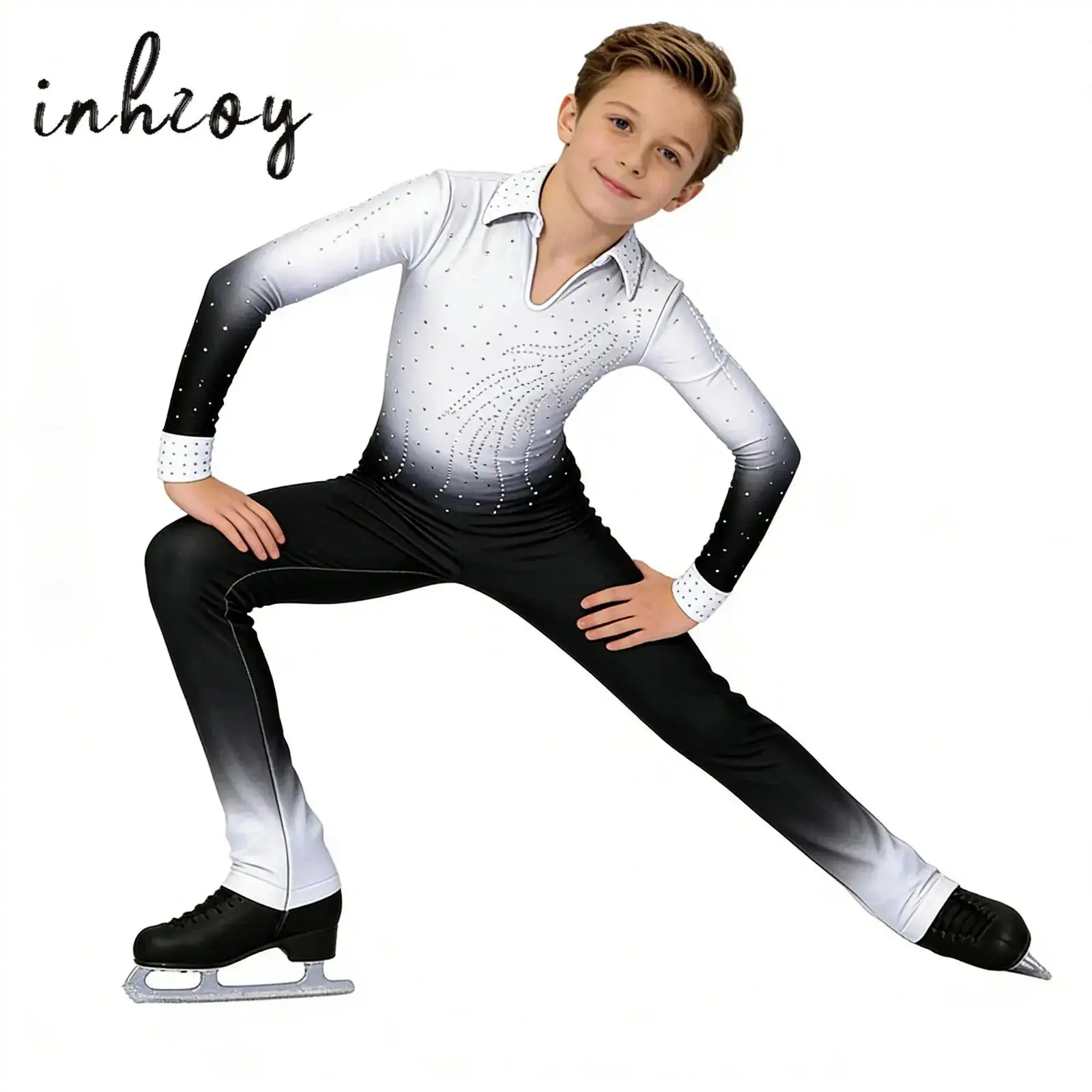 

Boys Artistic Gymnastics Full Body Leotards Unitard One-piece Jumpsuit Kids Long Sleeve Rhinestone Full Body Ballet Performance