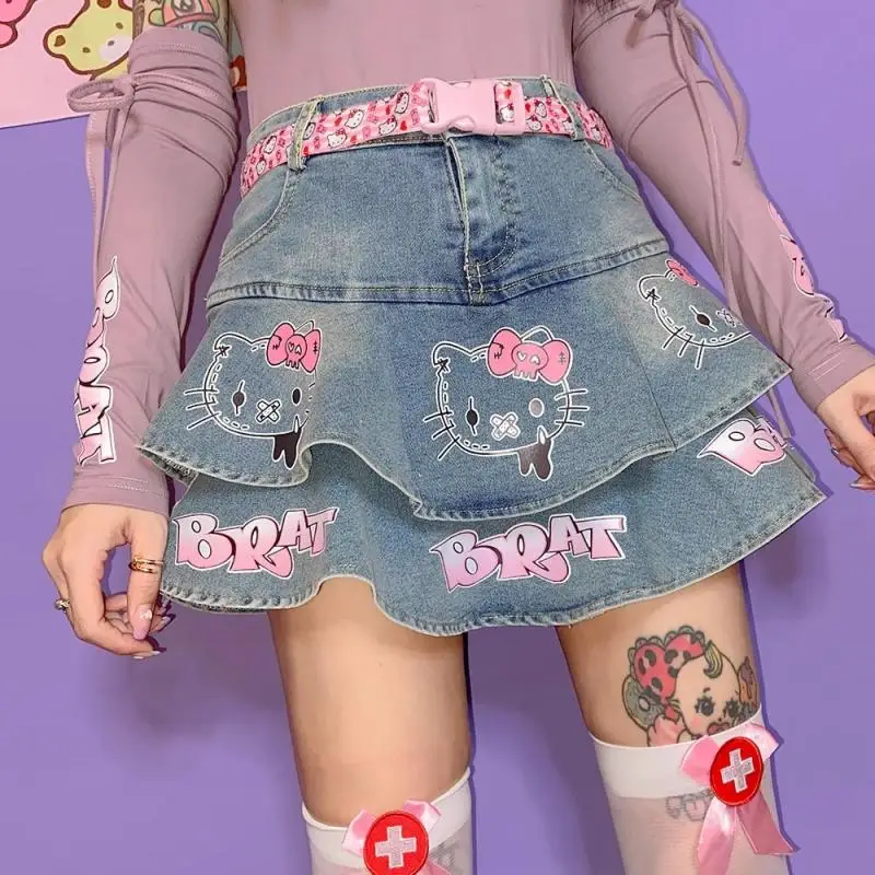 

Japanese Hello Kittys Women Denim Skirts Y2K Girls Mini Skirt Fashion Sexy High Waist Short Skirt Summer Cute Sweet Cake Skirt