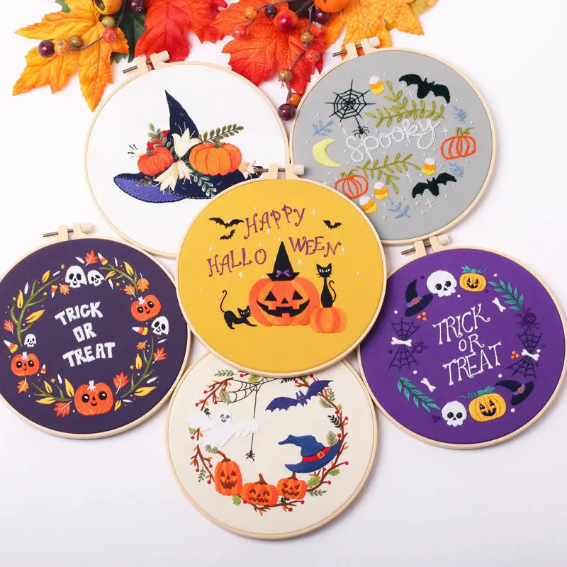 Embroidery Kit for Halloween DIY Wreath Printed Pattern Flower Cross Stitch Set Needlework Hoop Handmade Sewing Art Craft Kit