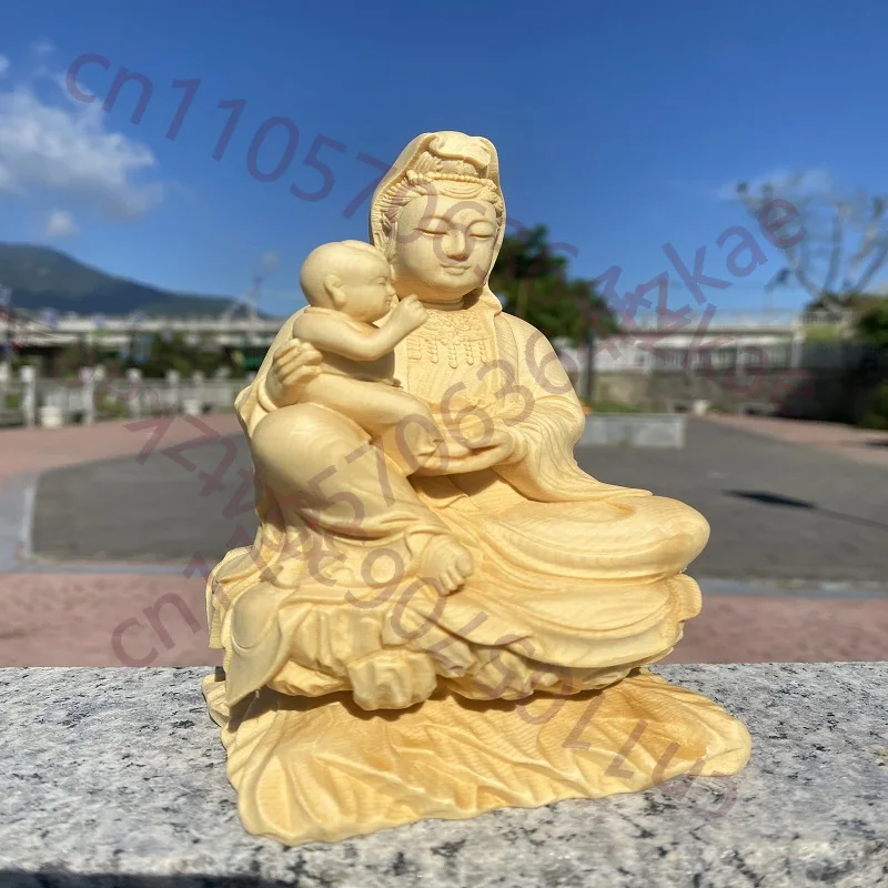 

Hand Carved Wooden Sitting Send Son Guan Yin Statue Figurine - Fertility Blessing Bodhisattva Home Temple Altar Shrine Decor