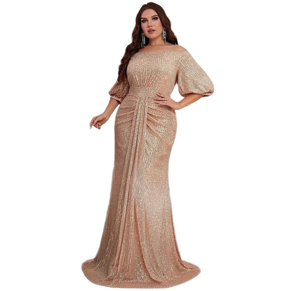 Abito da sera lungo a sirena verde smeraldo con paillettes, taglie forti, da donna, con spalle scoperte, maniche corte a sbuffo e vita arricciata