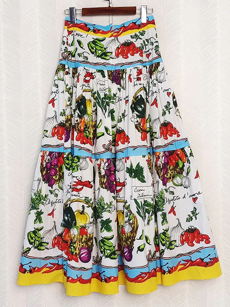 AELESEEN Women 100% Cotton Skirt 2022 Runway Fashion Sicilian Colorful Vegetables Printed Elegant Long Party Holiday Poplin