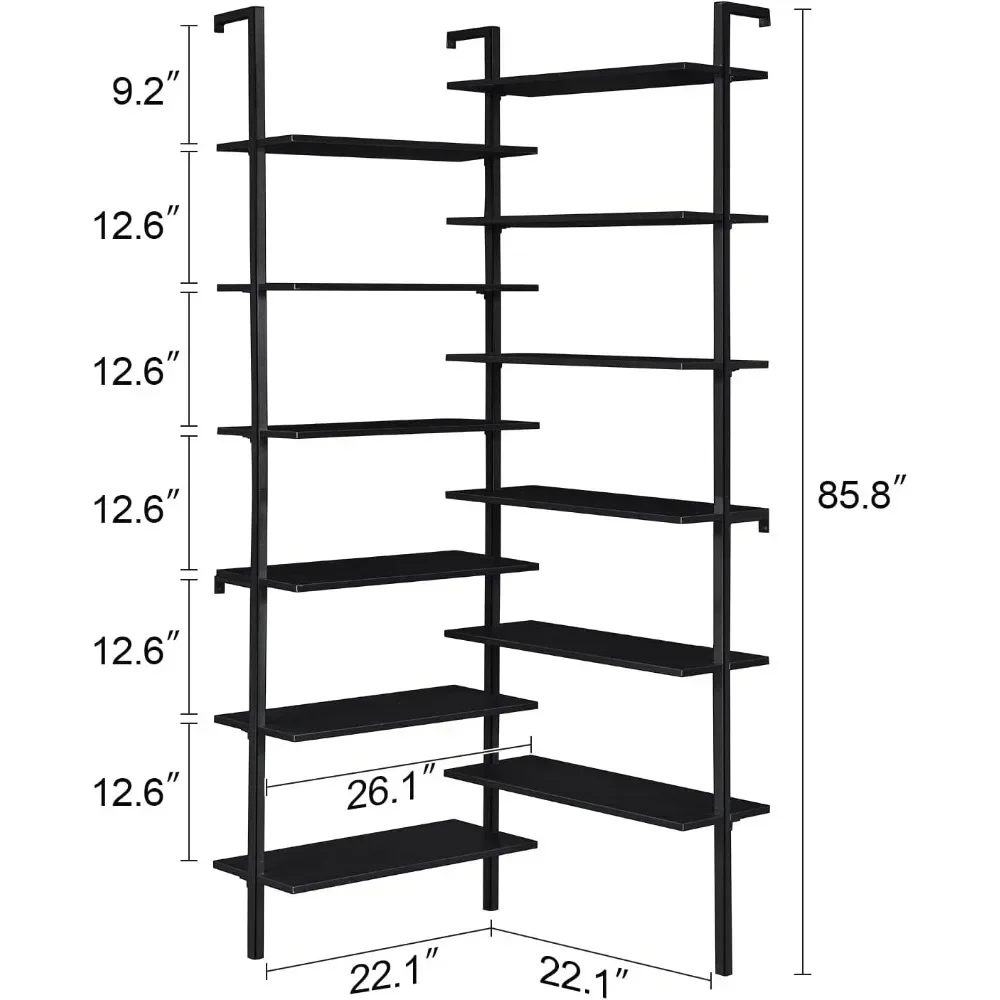 Corner Bookshelf 12 Shelves L Shape Bookshelf Double Wide Corner Wall Mounted With Metal Frame and Wood Storage Locker Bookcase