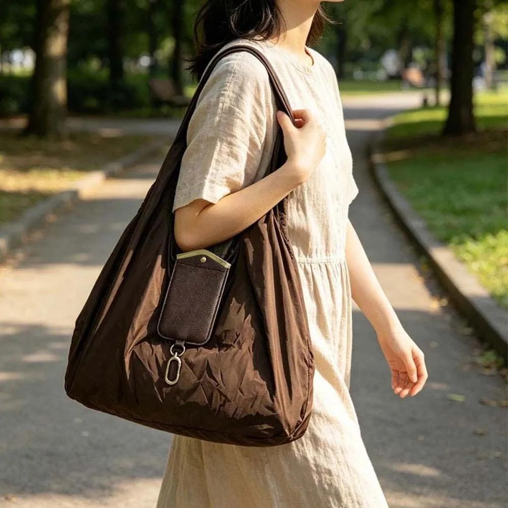 Solid Color Key Chain Tote Bag Mini Tear-Resistant Foldable Shopping Bag Quick-Folding Faux-Leather Case 2-in-1 Bag Charm Pouch