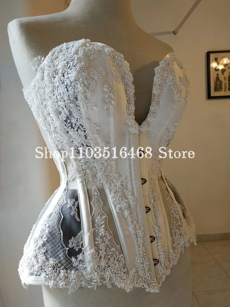 White Victorian corset Appliquéd see-through lace plus size women corset corset liga novia boda