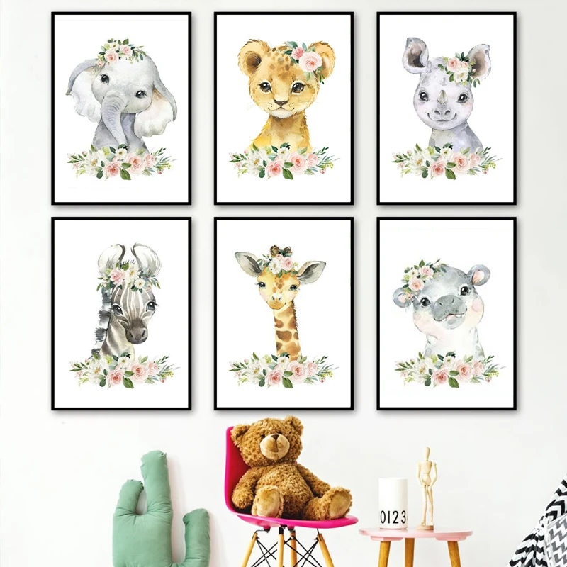 Floral Jungle Animals Canvas Prints Nursery Decor Elephant Giraffe Painting Wall Pictures Nordic Poster For Baby Girls Room