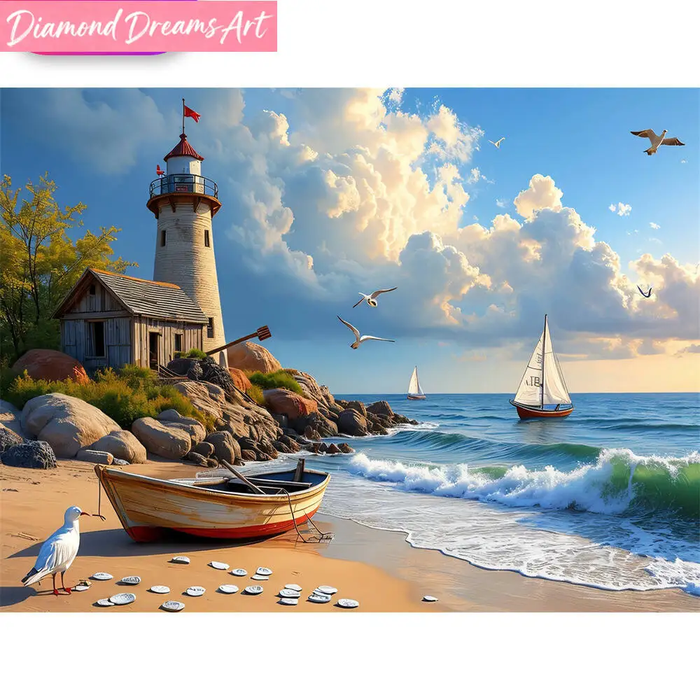 Rahmenloses, quadratisches Diamant-Mosaik-Set: Küstenlandschaft, Schiff, DIY-Diamantmalerei, Leuchtturm, Handarbeit