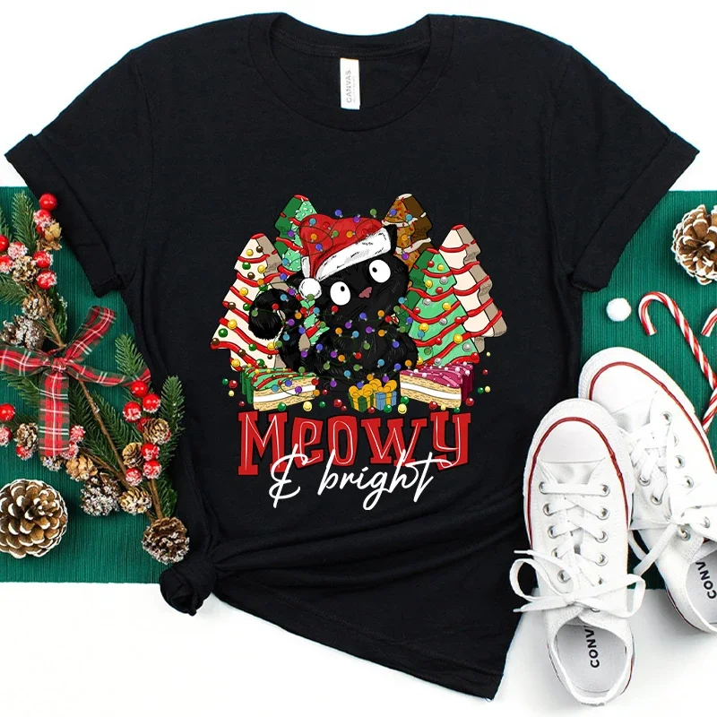 Funny Meowy Christmas Cat T Shirts for Women Clothing T-shirts Harajuku Streetwear Fashion Tshirt Korean Female Aesthetic Tops