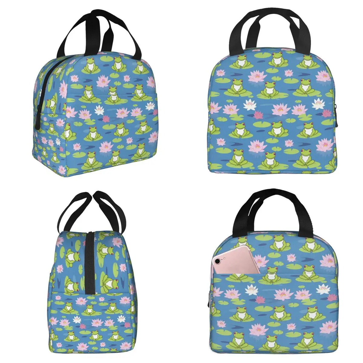 

Frog Pattern On Lotus Leaves Insulated Lunch Bag for Women Office Cooler Thermal Food Box Tote Portable Lunch Boxes Container