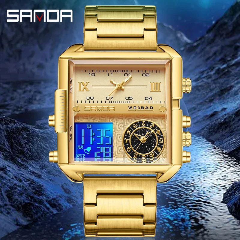 SANDA Square Dial สามจอแสดงผล Multi-Function Jam Tangan Elektronik ผู้ชายนาฬิกาควอตซ์คู่-ผู้ชายนาฬิกา9008