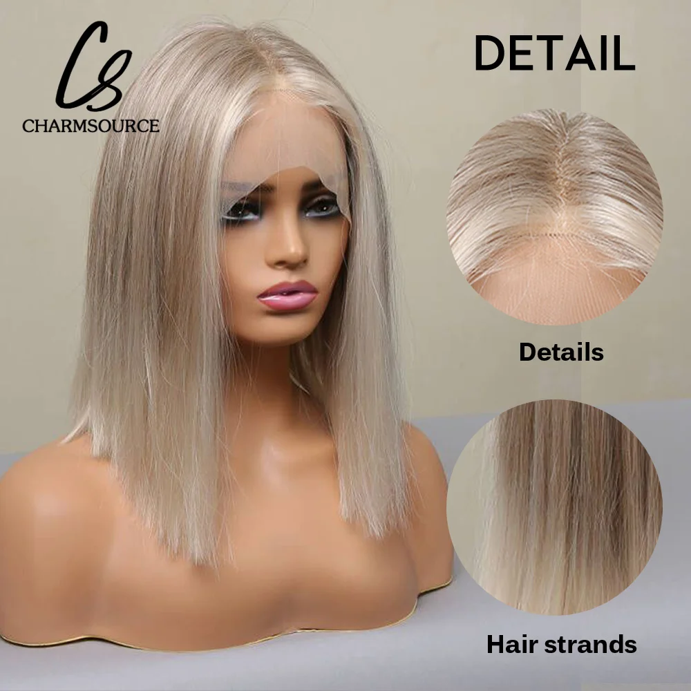 CharmSource-Peluca de cabello sintético con malla frontal para mujer, cabellera sintética de alta calidad, color rubio y blanco, de alta densidad,