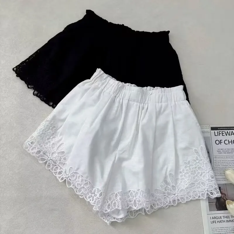 女性 2 色セット中空刺繍ラウンドネック半袖トップ + ウエストゴムショーツルーズ女性の綿のスーツ