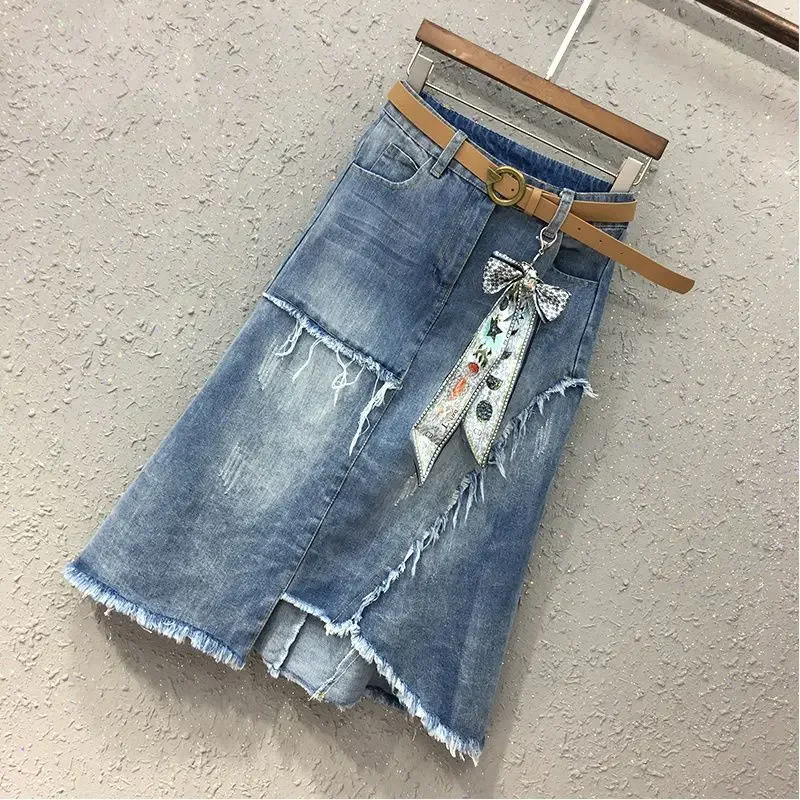 Zipper Jeans Skirts for Women High Waist Midi Patchwork Woman Denim Skirt with Pocket New in Clothing Trend 2024 Korean Style V