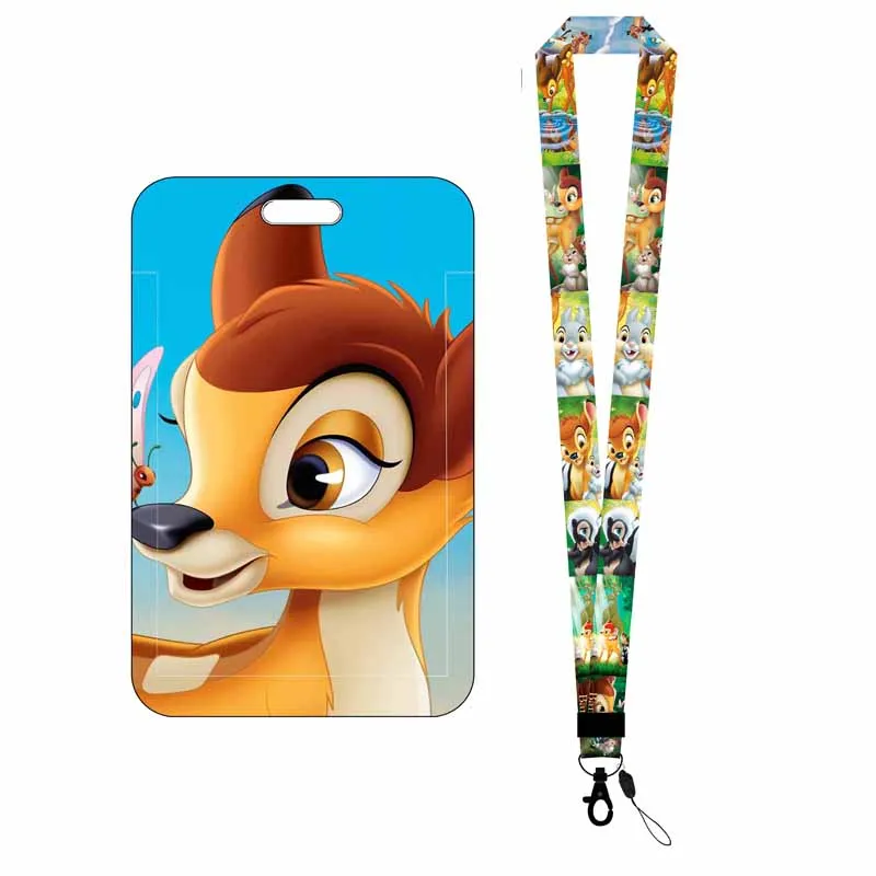 Disney Bambi Girls Boys Badge Holder Slide Cover Student Card Case Hanging Rope Employee Case Lanyard ID Name Card Holder