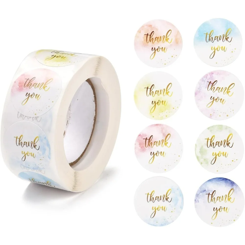1 Roll 1 Inch Thank You Stickers Self-Adhesive Stickers Roll Sticker Flat Round with Word Thank You for Party Decoration