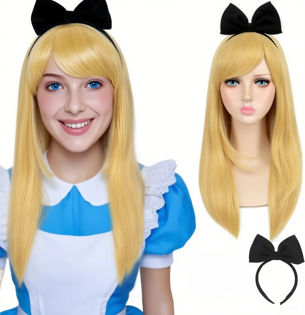 مجموعة شعر مستعار الأميرة اللطيفة، شعر مستعار أشقر متوسط الطول مع عصابة رأس على شكل فيونكة، شعر مستعار للعب الأدوار بالفيلم/التلفزيون
