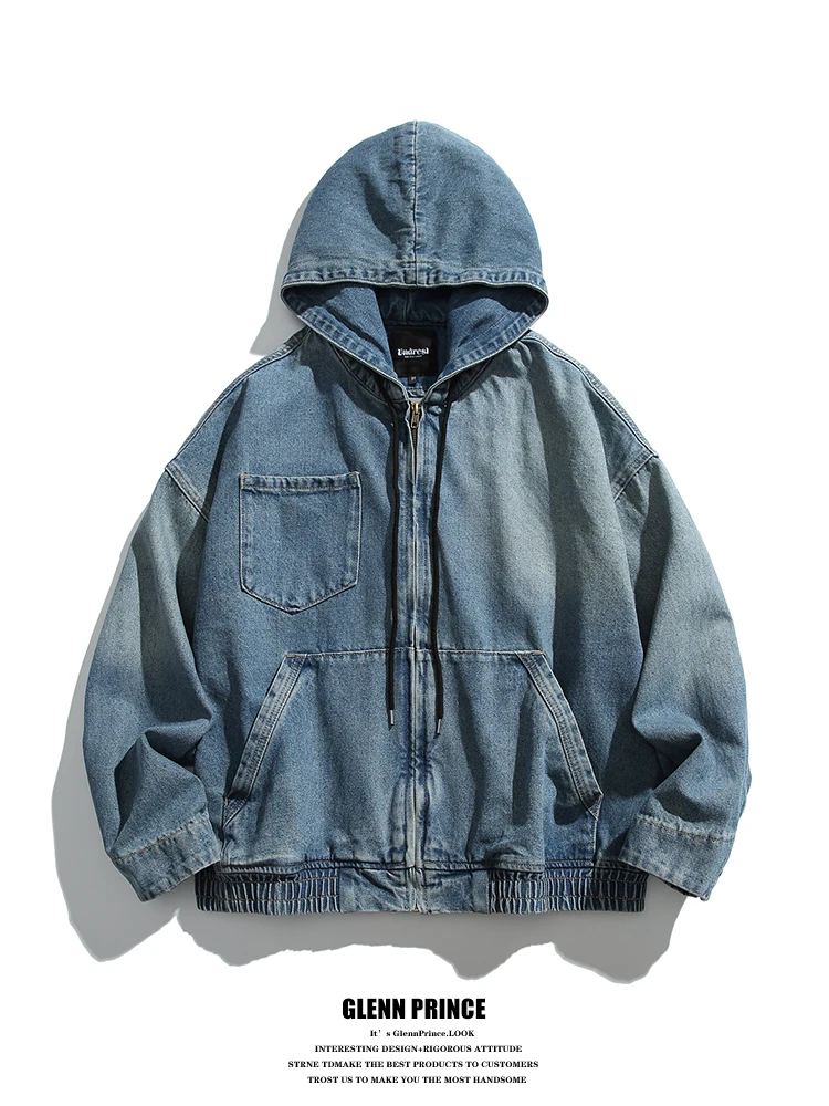 

Ретро джинсовая куртка для мужчин, повседневная, весенняя, верхняя одежда, смесь хлопка и полиэстера, с капюшоном, на молнии, молодежный стиль