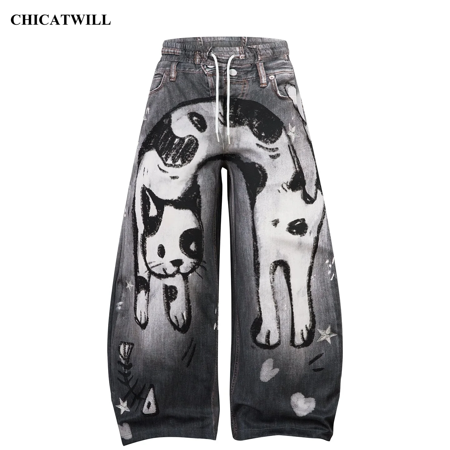 CHIC Creative Cat Printed American Street Retro Washed Distressed Curved Knife Jeans Wide Leg Denim Loose Pants Y2k Baggy Jeans