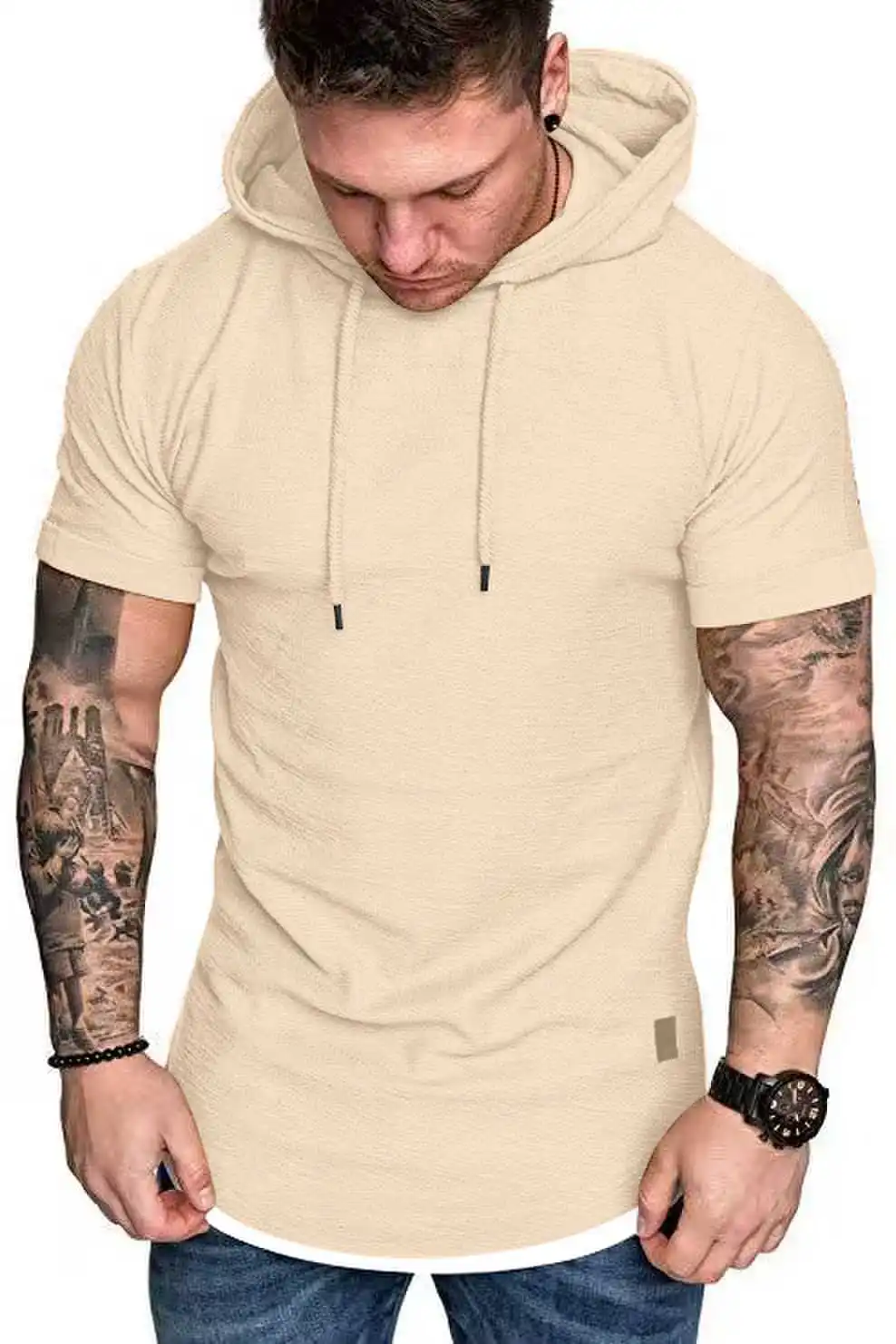 New summer hooded T-shirt men\'s solid color men\'s short sleeve T-shirt hoodie