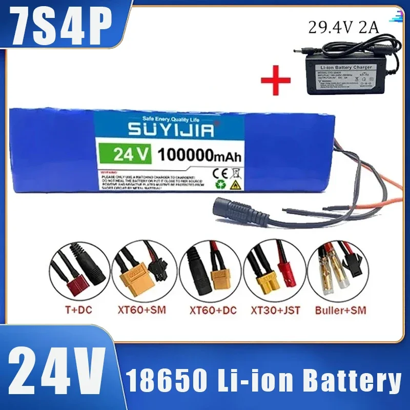 24V Battery Pack 100000mAh 7S4P 18650 Rechargeable Li-Ion Batteries W/ BMS for Electric Bicycle Scooter Balance Bike Wheelchair