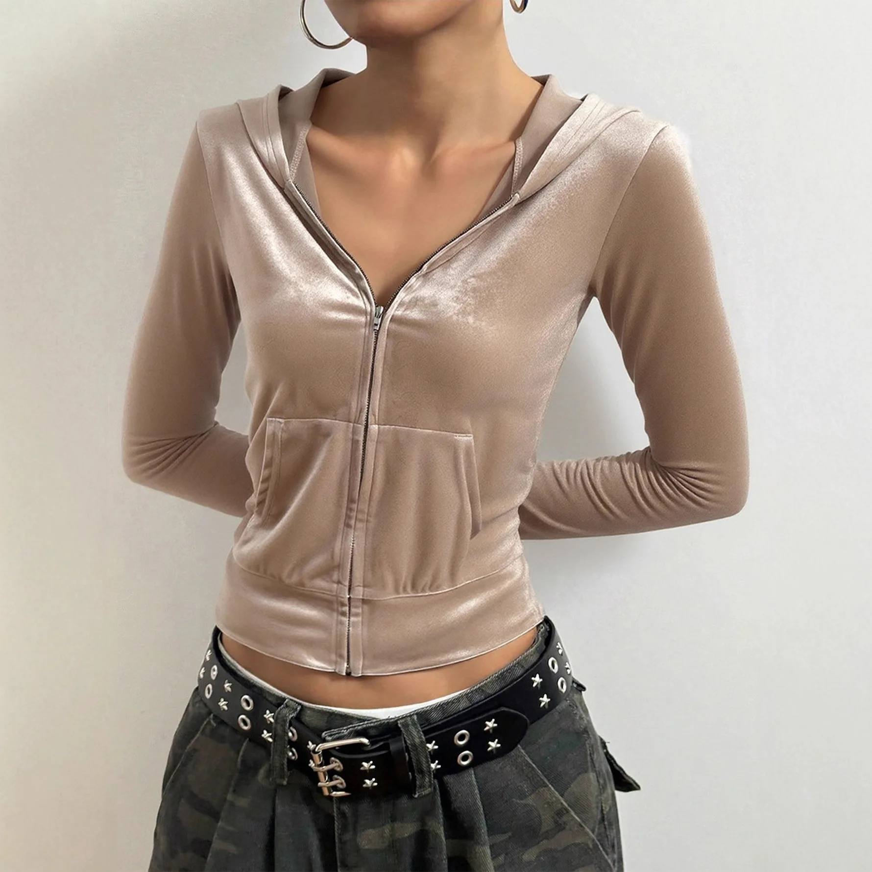 الرجعية النمط الأمريكي سستة مقنعين البلوز القصير الخصر Cinched سترة طويلة الأكمام عارضة الشارع الشهير الإناث ملابس خارجية #4