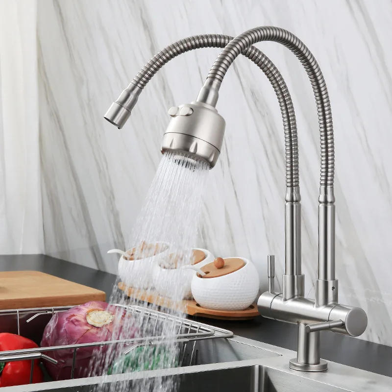 Deck Mounted Single Cold Kitchen Sink Faucet Two Outlet Modes Sink Faucets Stainless Steel Dual Handle Vessel Sink Faucet
