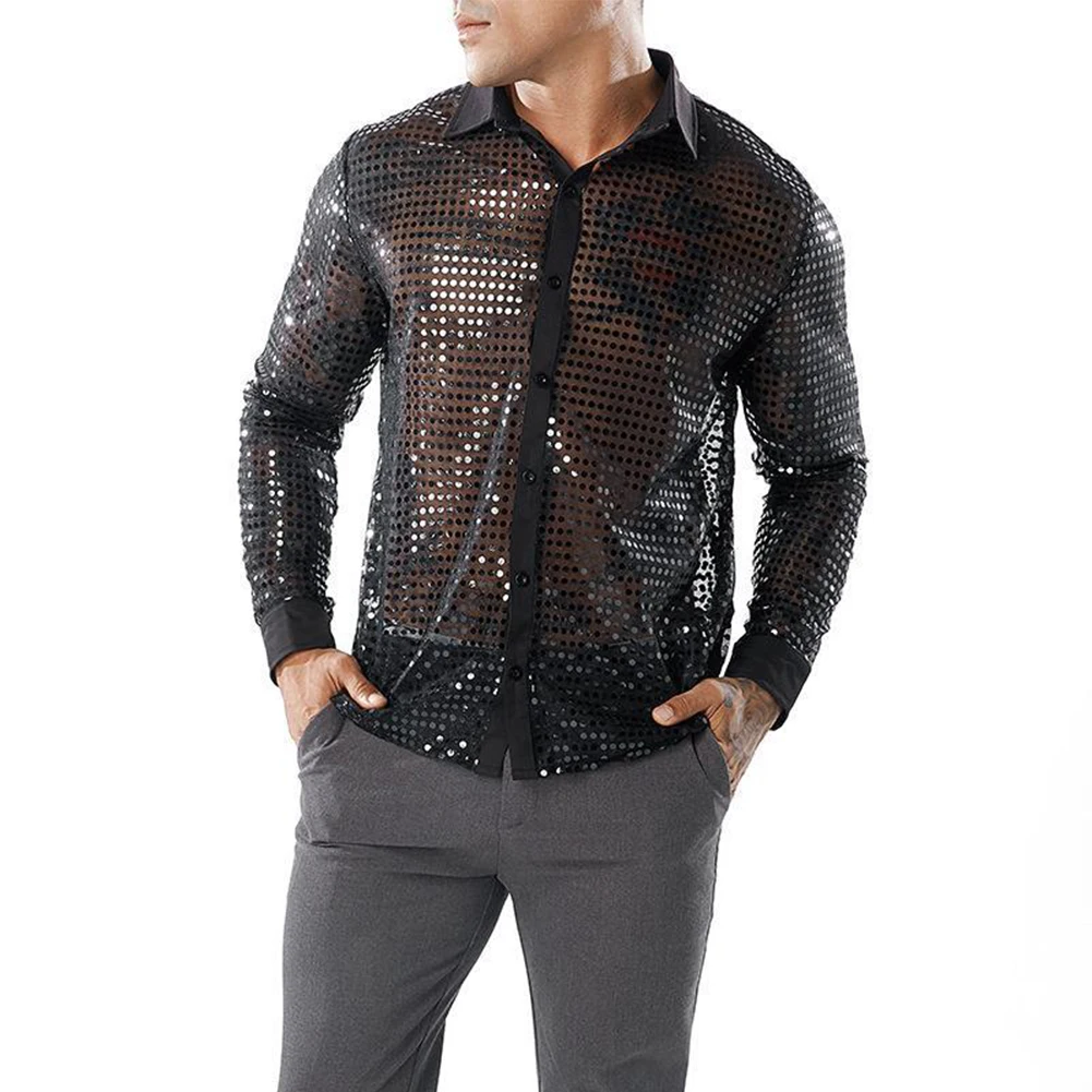 Men Sequined Shirt For Men Retro 70s Disco Daily 1 Fall Polyester + Mesh + Sequin Comfy Mens Golden Spring Hot