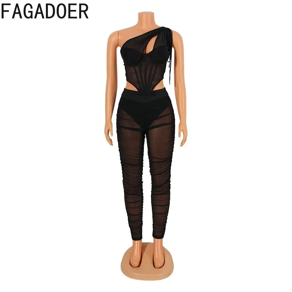 FAGADOER Sexy Mesh Perspective Irregular Two Piece Set For Women One Shoulder Hollow Slim Top And Stacked Pants Nightclub Outfit