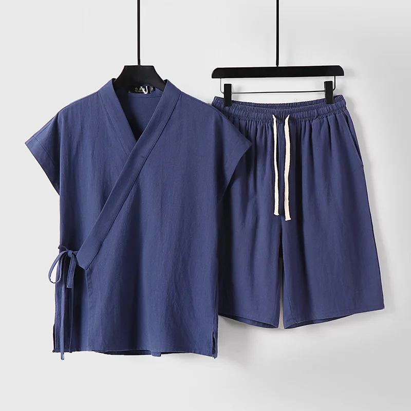 QICHE Men New Chinese Breathable Linen Cotton Two Piece Set Sleeveless Vest Short Sleeve Five Points Shorts Summer Outfit