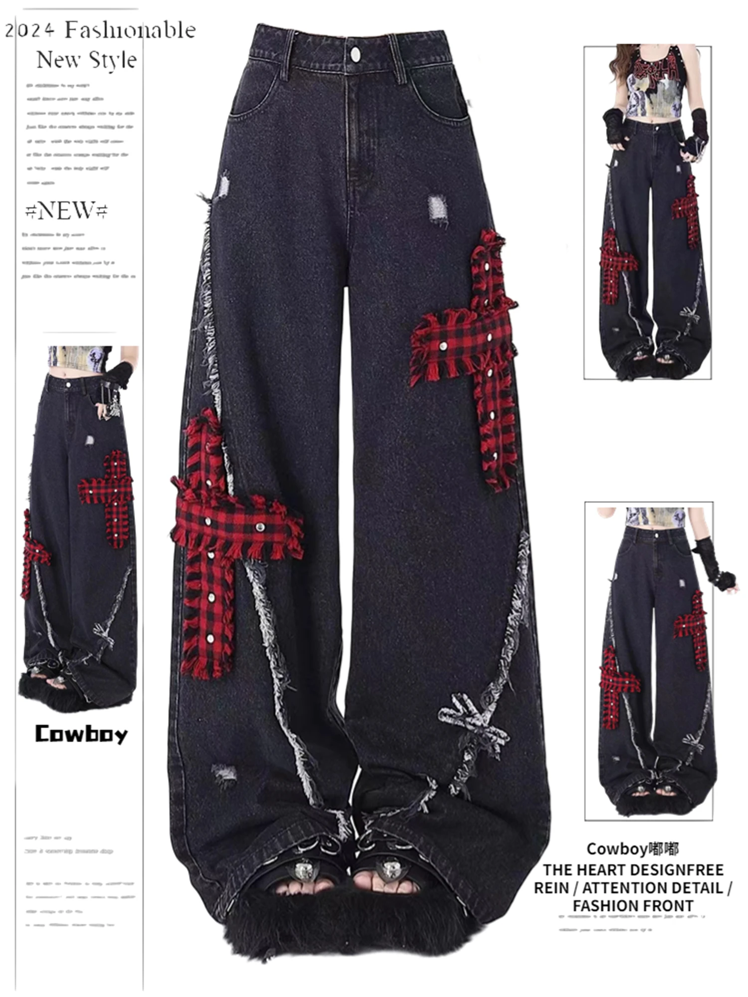 

Y2K Women's High Waist Wide Leg Black Jeans Red Plaid Cross Patch Distressed Ripped Gothic Punk Streetwear Denim Trousers