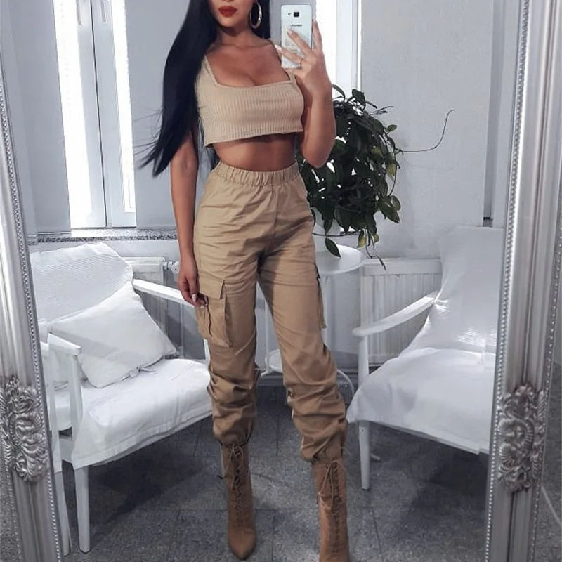 

Vangull Spring New Khaki Women Cargo Pants High Waist Big Pocket Cotton Long Pants Solid Loose Sport Tie Feet Ladies Trousers