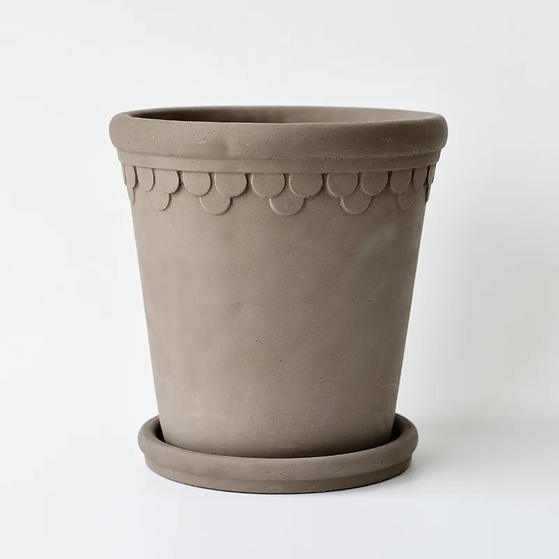 Lace Round Cement Flower Pot with Tray Plant Pot Breathable Retro European Garden