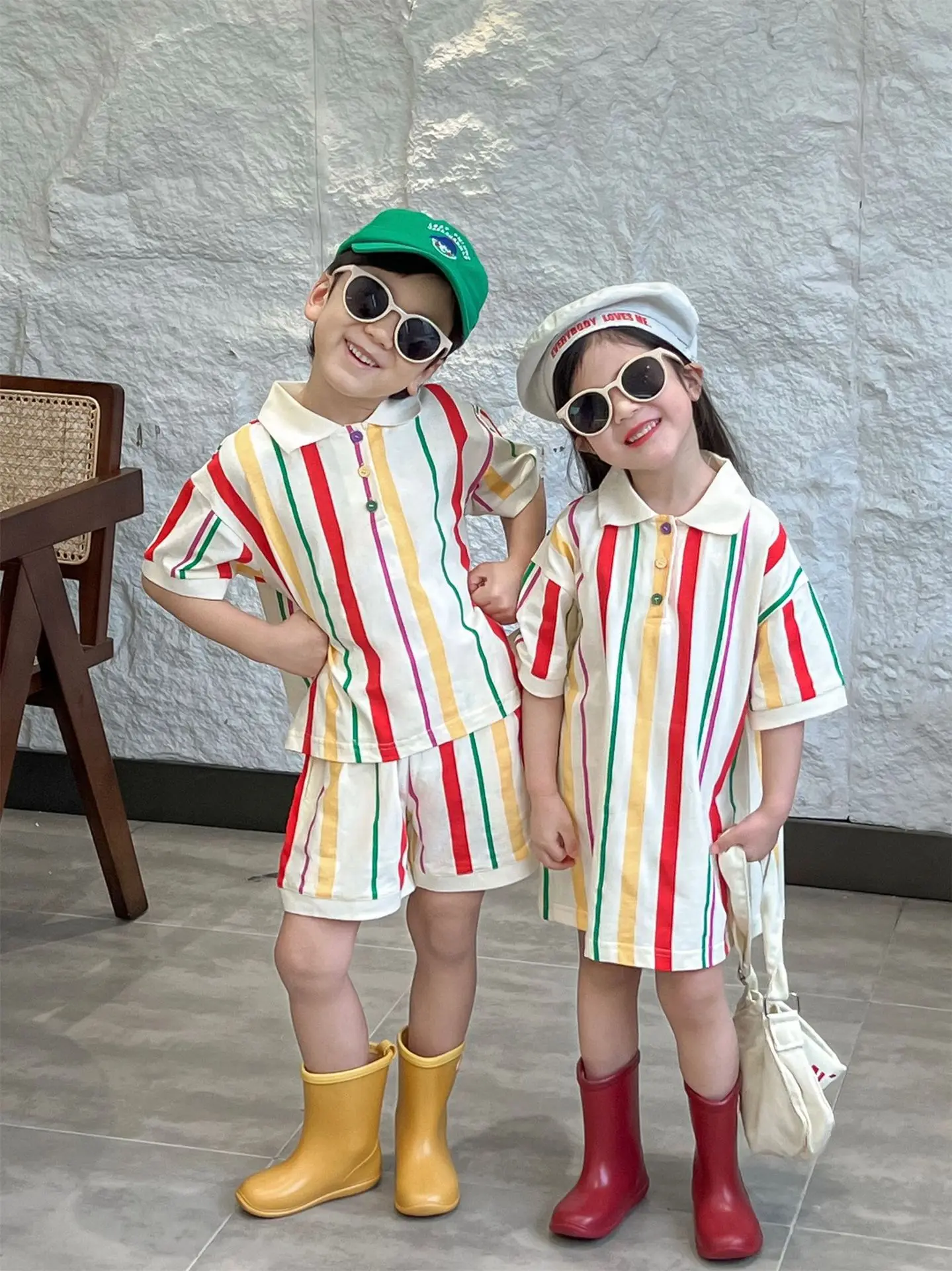 2024 Summer Korean Childrens Clothing Colorful Dress Short Sleeved Shorts Set for Boys and Girls Cute Designable Summer Clothes