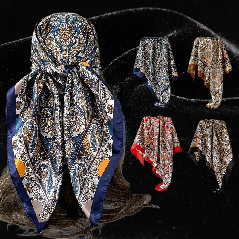 90cm Paisley Print Satin Square Scarf Elegant Retro Headscarf Women Artistic Accessory Black White Paisley Print Headscarf