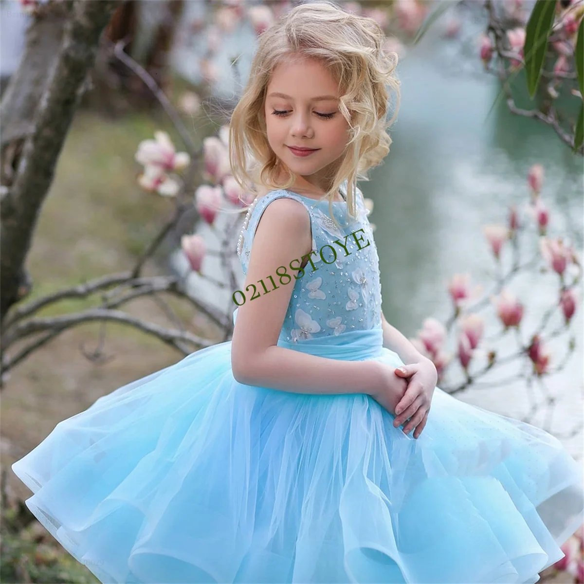 Sky Blue Flower Girl Dresses Beading Butterfly Wedding Party Gowns for Kid Birthday Dress 2023 Summer