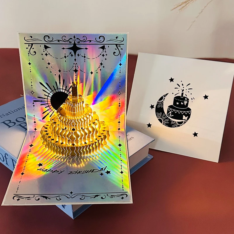 

6Pcs Creative, High-End 3D Music and Light Greeting Card: Laser-Cut 3D Birthday Cake Greeting Card