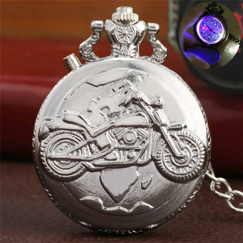 Creative Luminous Display Clock Analog Quartz Pocket Watch Pendant Chain Motorcycle Motorbike Light Watches Clock for Men Women