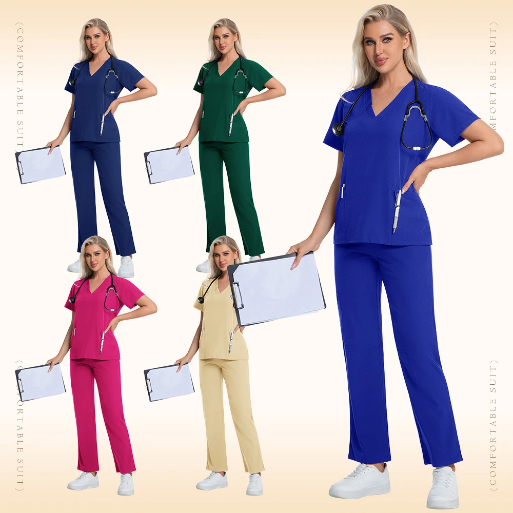 Women's Elegant Bow Design Summer Nurse's Scrub Sets Wash-Washable Short-Sleeved Straight Pants for Dental Hospital Uniforms