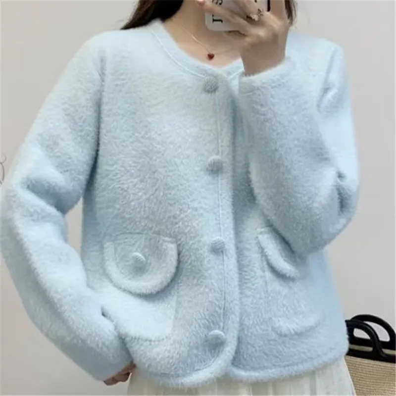 Design Sense of Women's Mink Velvet Coat 2025 Spring Autumn Female Padded Ladies Fragrance Jacket Knitted Cardigan Overcoat