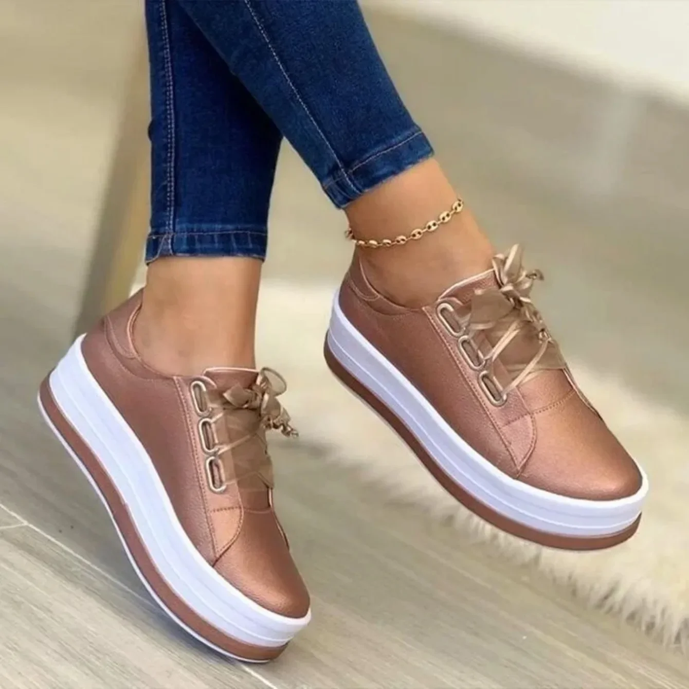 Woman Shoes Casual Sneakers for Women 2024 Round Toe Platform Shoes Lace Up Tennis Female sneakers Solid Color Ladies Loafers
