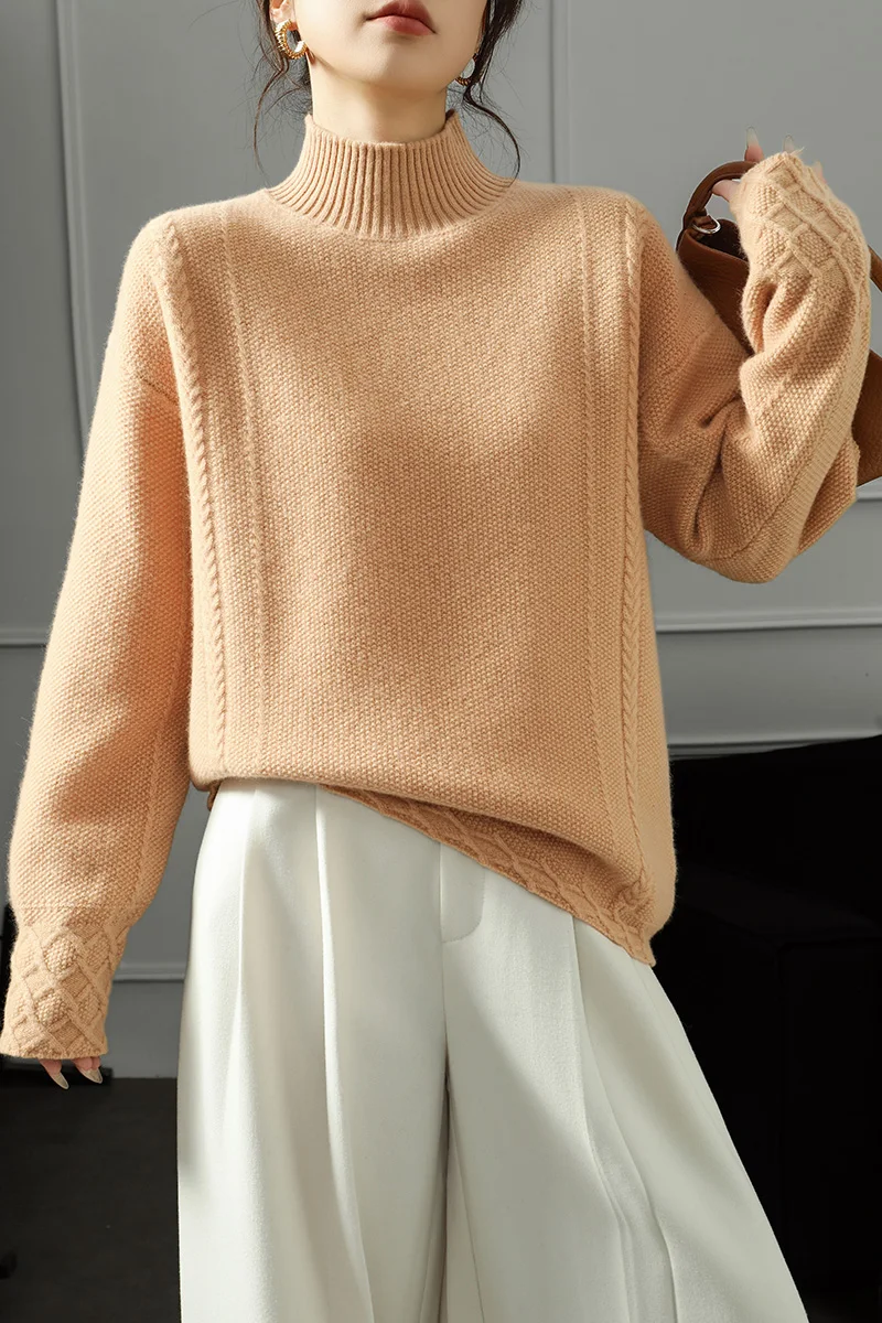 

Женский свитер из 100% мериносовой шерсти, полувысокий воротник, с косичками, однотонный, вязаный, толстый, для осени и зимы, повседневная одежда, мягкий, теплый топ