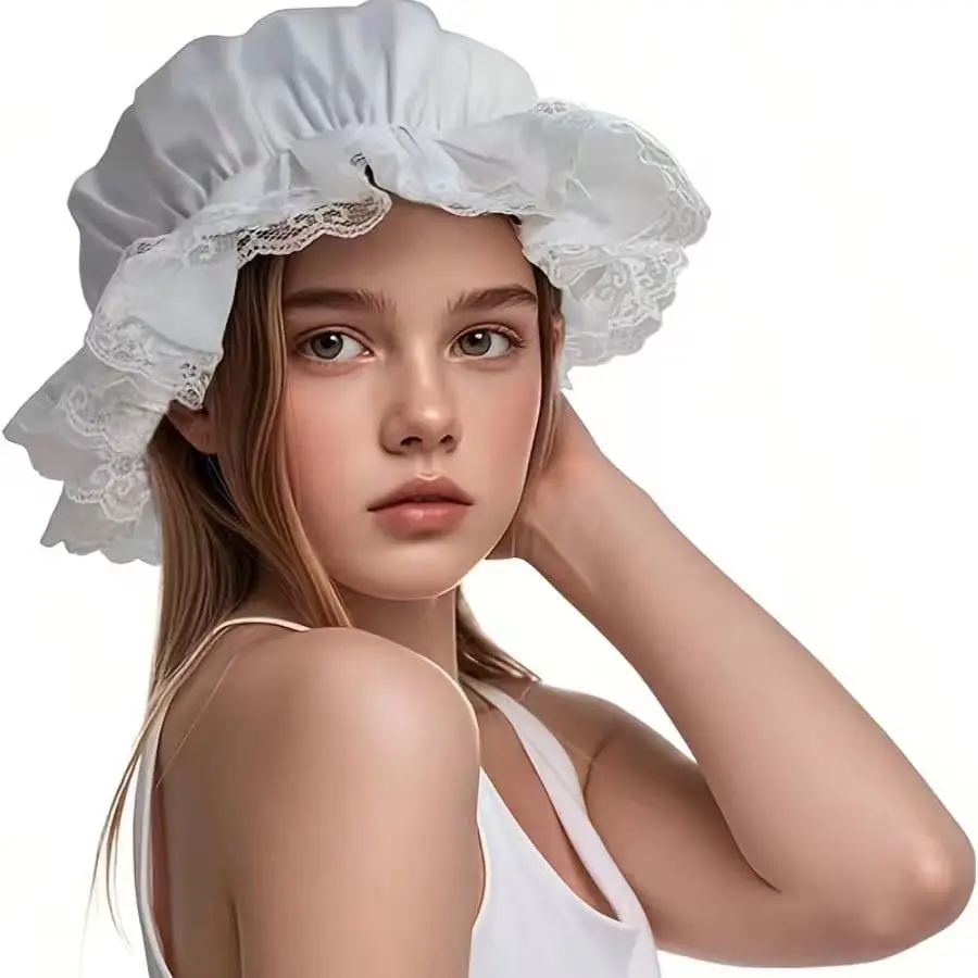 Women's Breathable Satin and Lace Maid Cap with Elastic Brim – White – For Stage Cosplay and Halloween Costumes