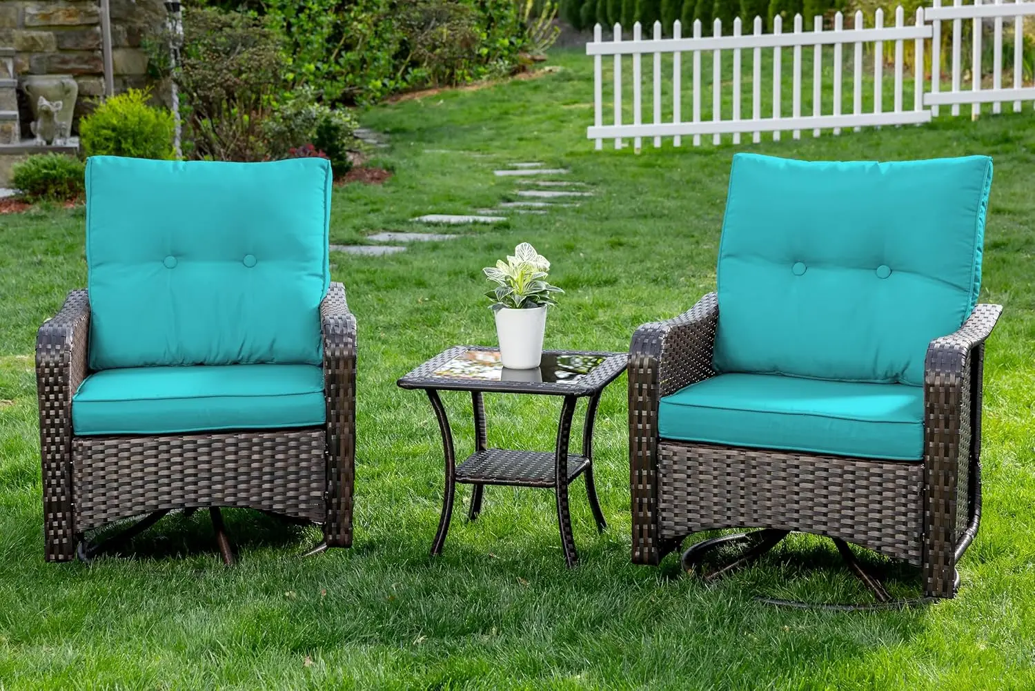 3 Pieces Patio Swivel Rocker Wicker Chairs-Outdoor Chairs with 1 Rattan Coffee Table&2 Thickened Cushions Conversation Sets