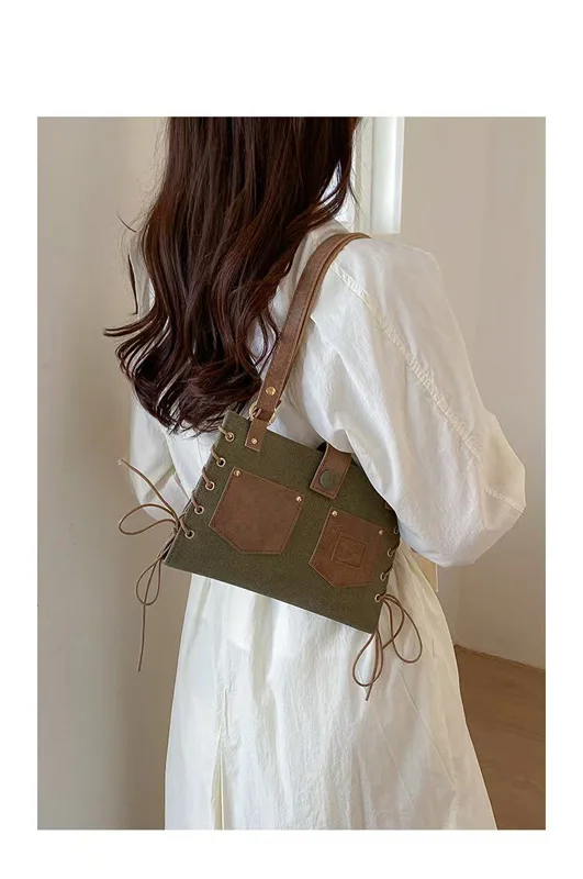 

CLAREGQI Retro Corset Style Canvas Shoulder Bag Lace-up Design with Faux Leather Patches Women Vintage Lace-up Canvas Underarm B