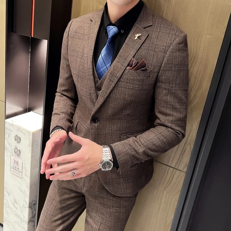 2023 Men's British Fashion Three-piece Set Slim Fit Suit Vest Trousers Ensemble Handsome Trendy All-in-one Banquet Blaze 12 S1147c43a2b6842578add59f3c49962c2g