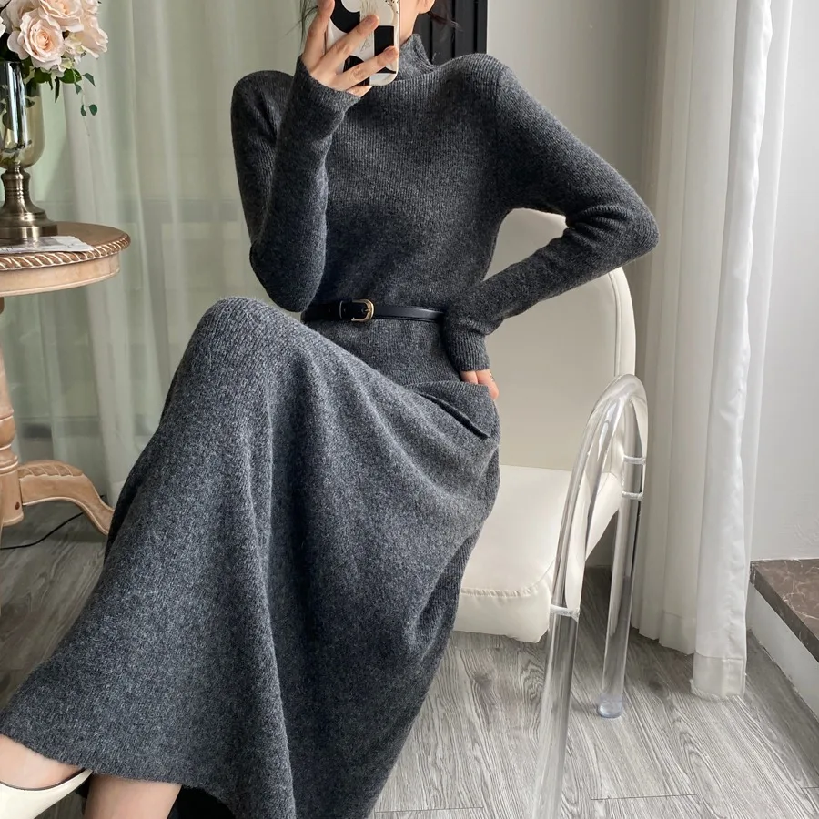 Koreaanse Sle Slim Fit Gebreide Trui Hoge Kraag Dames Dr Riem Inbegrepen Tweedelige Set Lange Rok F-hoge Kraag