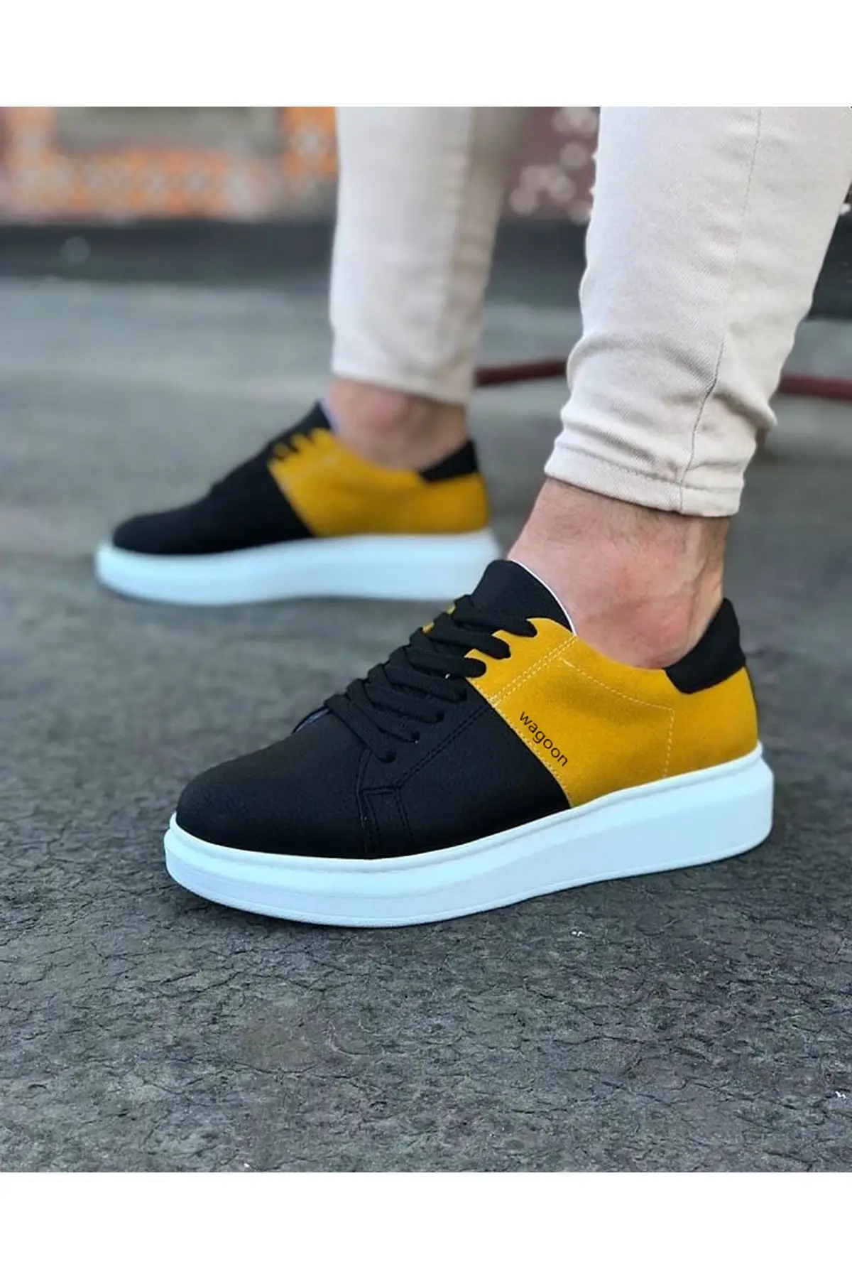 Wagon Men's Sneakers Sport Shoes Black Yellow Lace Up Closure Faux Leather Spring and Autumn Seasons Comfortable Slip On In 2022 Fashion Wedding Orthopedic Suit Unisex Light Odorless Breathable WG151